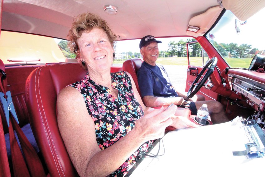 TEAM MANGAN: Marlene Mangan, the navigator, and her husband Tim from Bend, Oregon have done the race nine times. Their son, Bradley and his wife Jamie are also in the race. The Mangans had their 1955 Ford Fairlane shipped to Fargo, ND where they drove it to Warwick from there.   