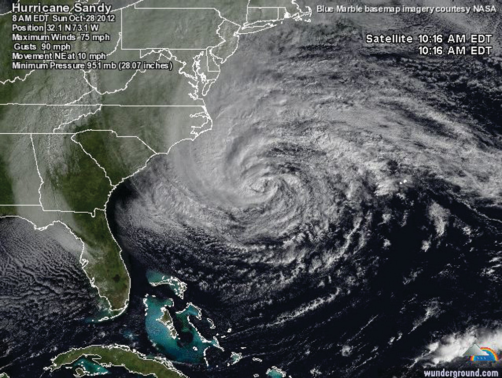 SHE’S A BIG ONE: Satellite image of Hurricane Sandy, which has a 500-mile radius.
