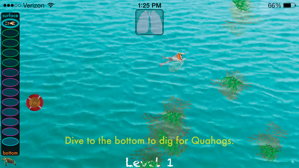 READY TO PLAY? A screen image of the quahog diving app along with the diver ready to dive to the bottom.