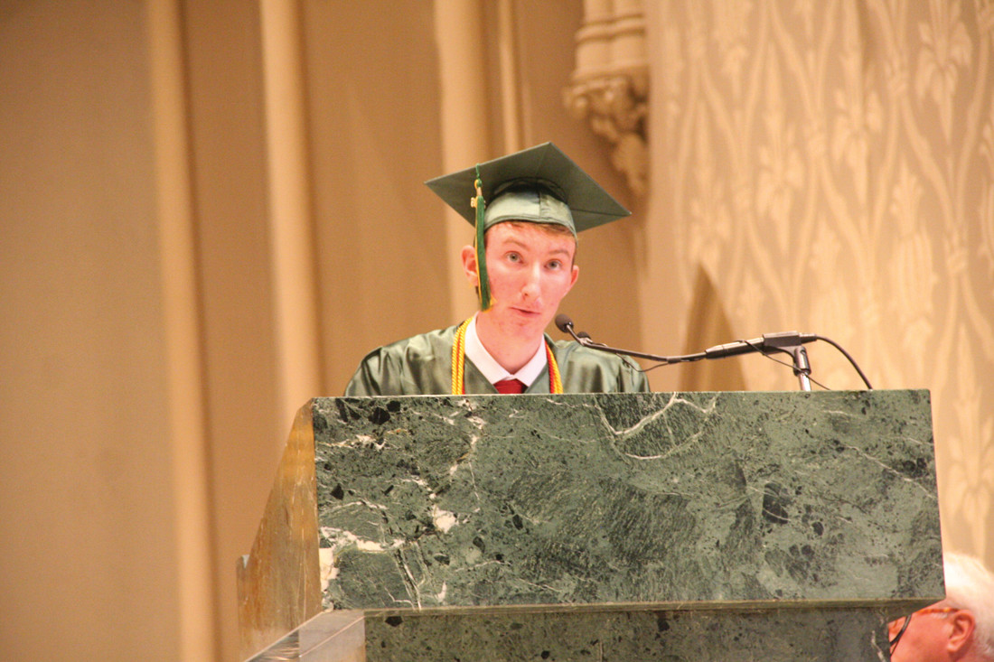 ADVICE TO FELLOW GRADS: Valedictorian Riley Chabot addresses his classmates.