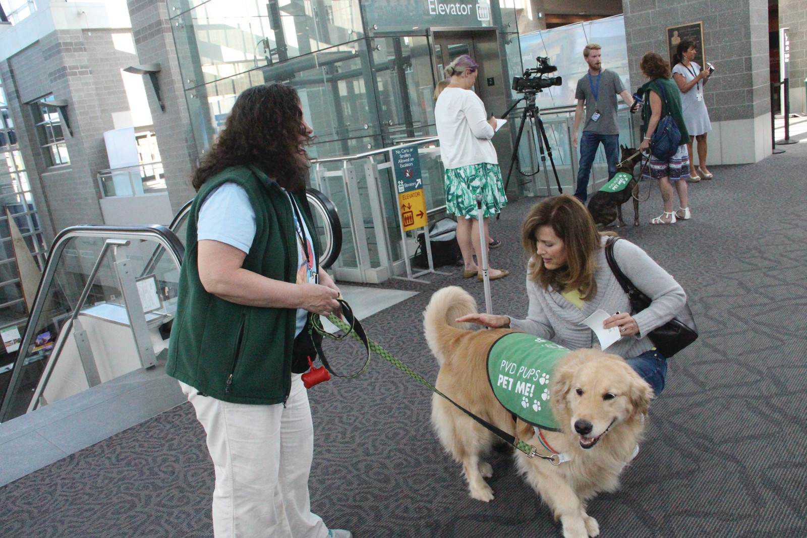 Pet Me: As handler Laurie Cary looks on, Golden Retriever Fenway gets a few pats from Jennifer Nelson from Austin, TX, who owns three goldens of her own.  Nelson is traveled to Rhode Island for a tech conference, and is inspired to start a similar program at the airport back at home.