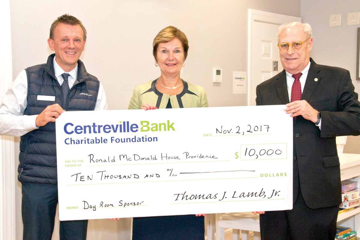 AT RECENT GRANT PRESENTATION: Pictured from left are Michael Fantom, CEO, Ronald McDonald House Providence; Colleen Dixon, President, Ronald McDonald House Board of Directors and Trustee, Centreville Bank; and Thomas Lamb, President, CEO and Chairman of Centreville Bank.