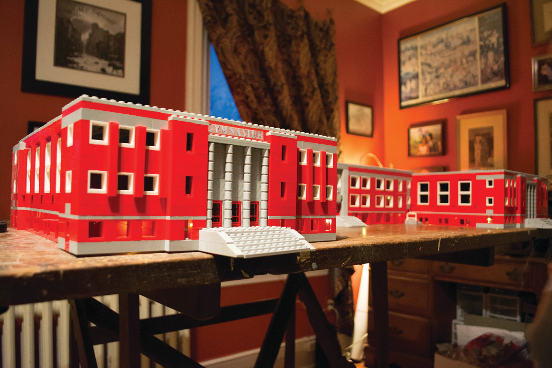 NOT JUST FOR KIDS: The front of Grover’s LEGO model of Aldrich Junior High School, where he tried to emulate the neo-classical architecture of the building.