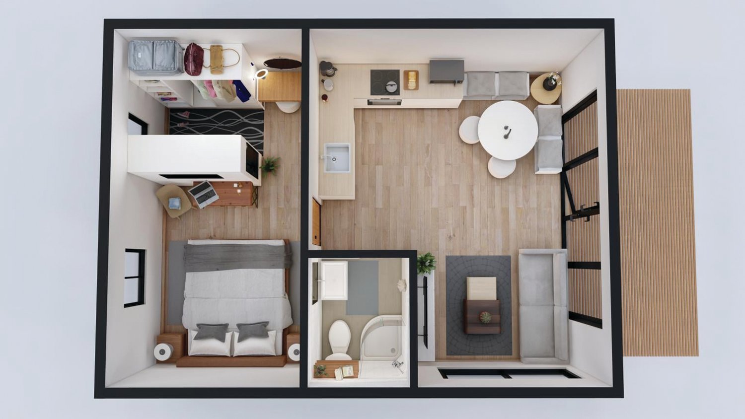 BIG LIVING IN A SMALL SPACE: A bird’s eye view of the floor plan of a Rohe Lotus tiny home. 800