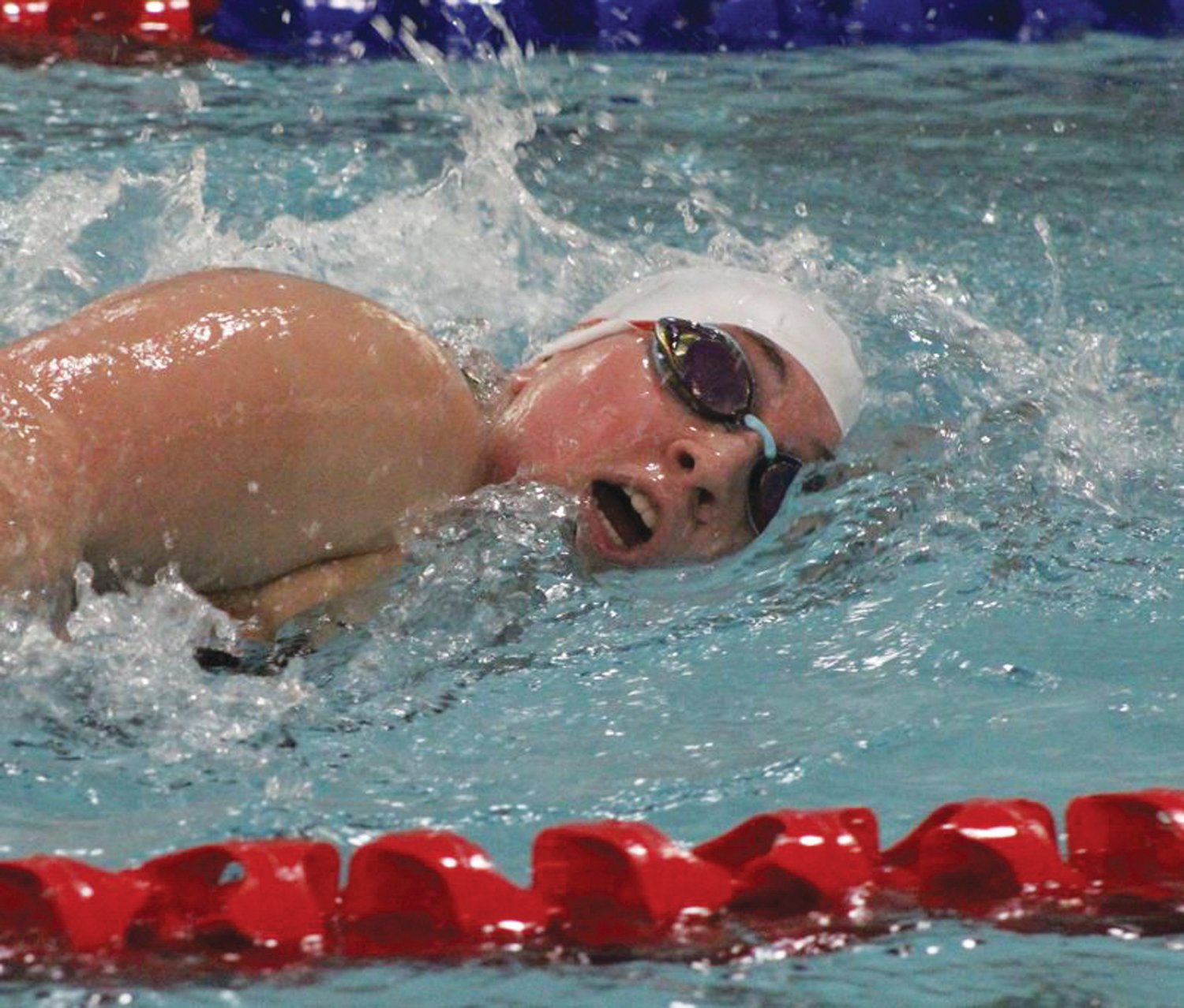 MAKING A SPLASH: Pilgrim
senior Kaylee Collins
competes against Mount
St. Charles last week at the
Woonsocket YMCA.
Collins finished her final
season strong, taking second
place in both the 200
and 500 yard freestyle
events for the Pats.