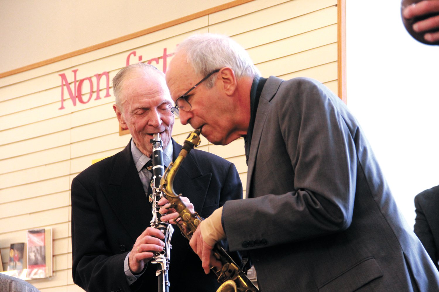 IN THE SWING: Craig Ball on clarinet and Billy Novick on sax connect on the piece “Never Tell a Lie.”