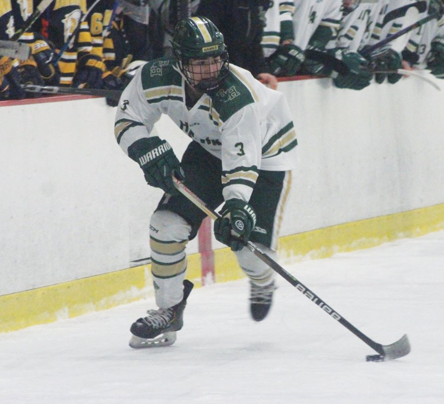 Bishop Hendricken hockey player Griffin Crain. The senior leader had two big performances in the Division I Quarterfinals and led the Hawks to the 2-0 series sweep over Barrington. Crain scored a combined four goals, including a hat trick in Game 2 to propel the Hawks to this weekend’s Frozen Four matchup against the Warwick co-op. Pictured is Crain last week. (Photo by Alex Sponseller)