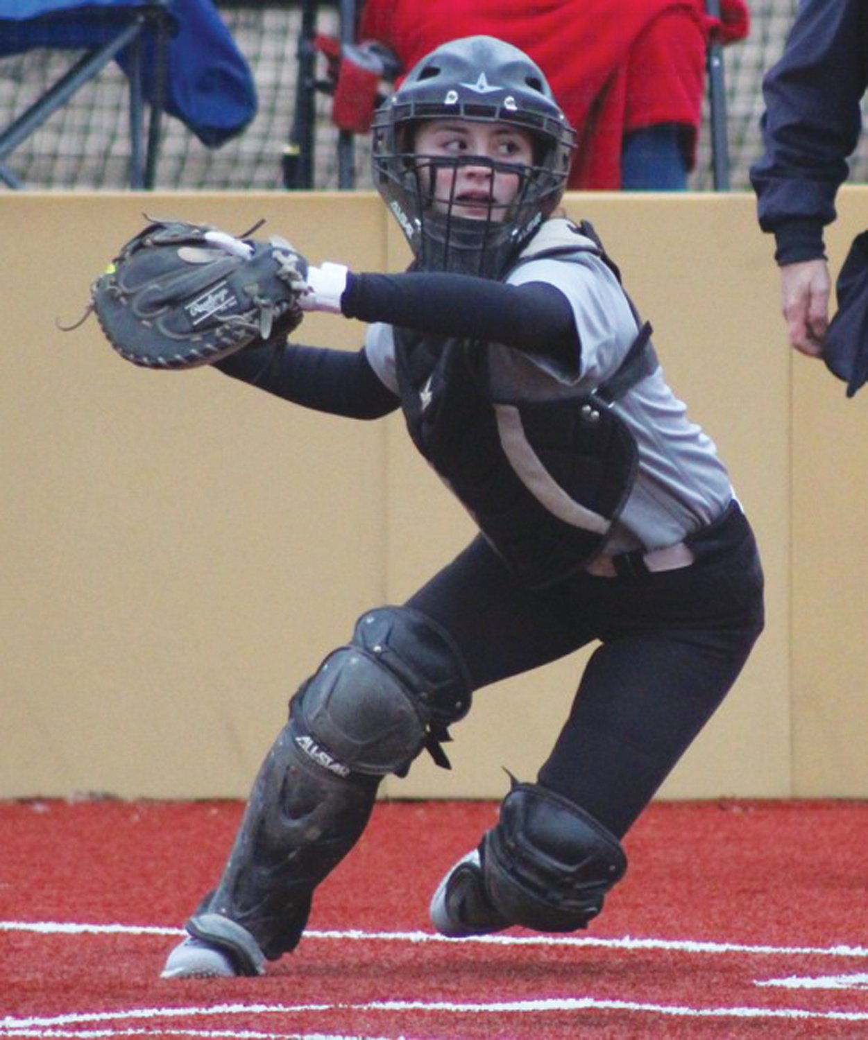 ‘SHE’S OUR ROCK’: Pilgrim catcher Genna D’Amato works behind the plate.