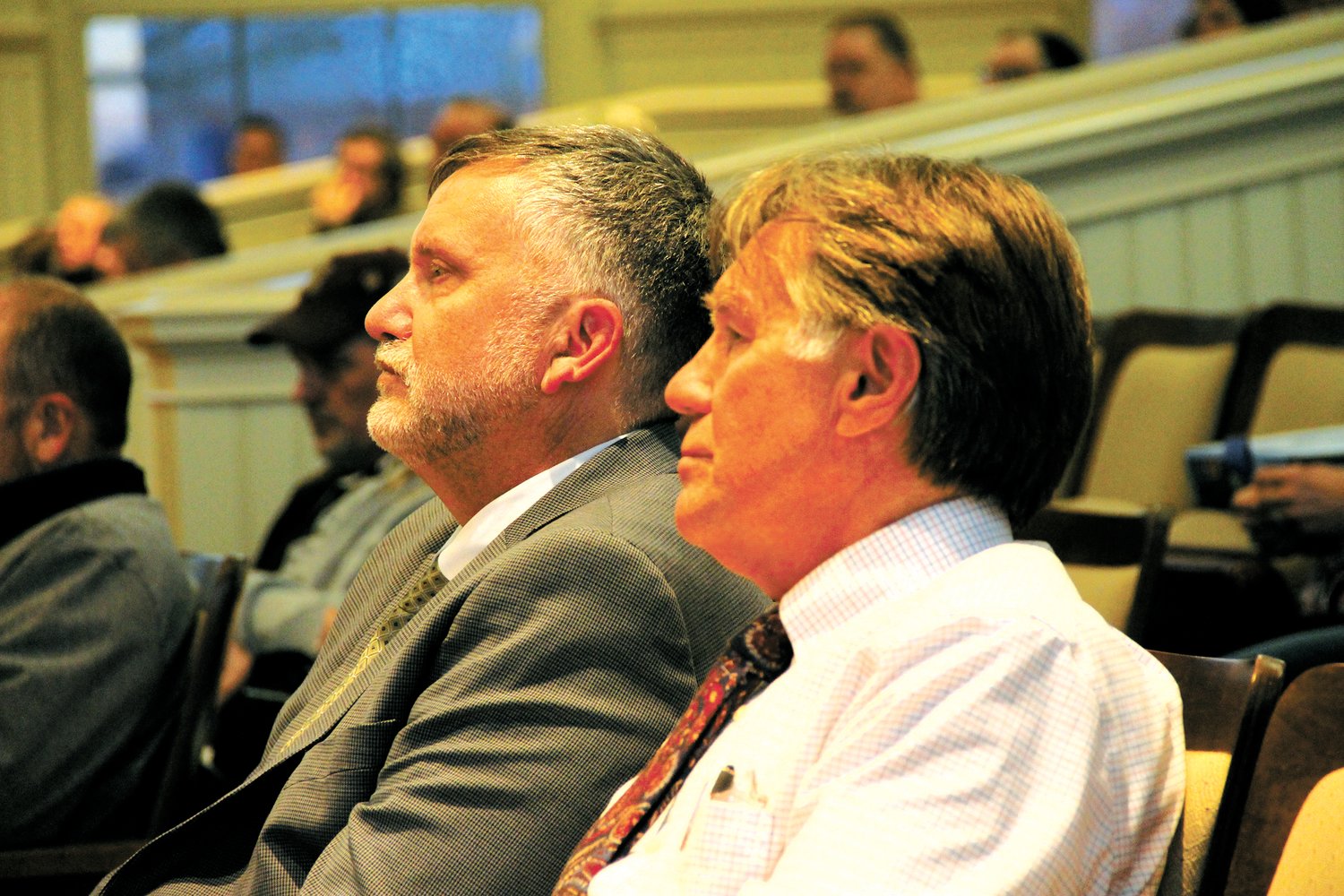 MAKING THE CITY CASE: Tax Assessor Neal Dupuis and interim chief of staff Bruce Keizer at Monday’s meeting. Dupuis presented the reasons for adoption the resolution.