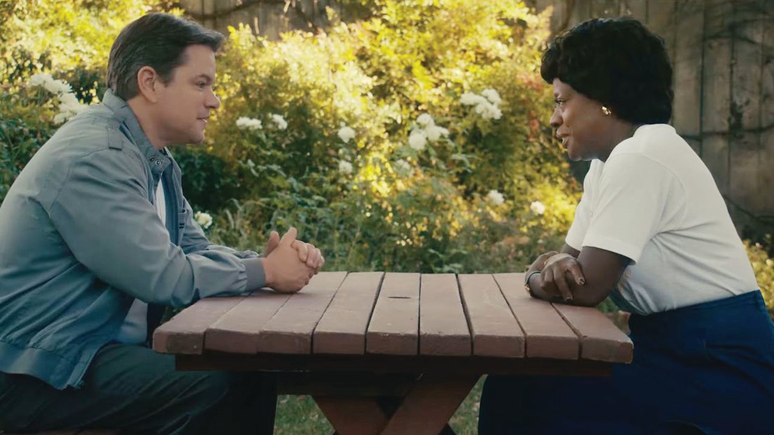 Matt Damon in a scene from ‘Air’ with Viola Davis, who grew up in Rhode Island.
