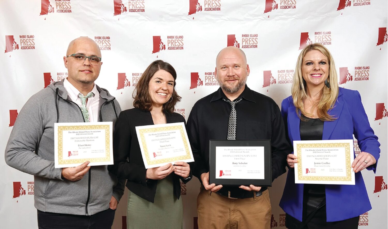 DISTINGUISHED JOURNALISTS: The four award winners in the Rhode Island Press Association ‘S 2022 Distinguished Journalist category: from left to right, Honorable Mention, Ethan Shorey, The Valley Breeze;  Third Place Nancy Lavin, Providence Business News; First Place, Rory Schuler, Johnston Sun Rise; and Second Place, Jamie Coelho, Rhode Island Monthly.