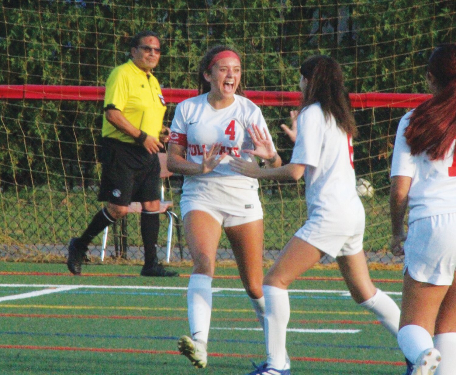 ROARING START: Toll Gate’s Anna Pickering (4) celebrates after a goal on Tuesday. (Photo by Alex Sponseller)