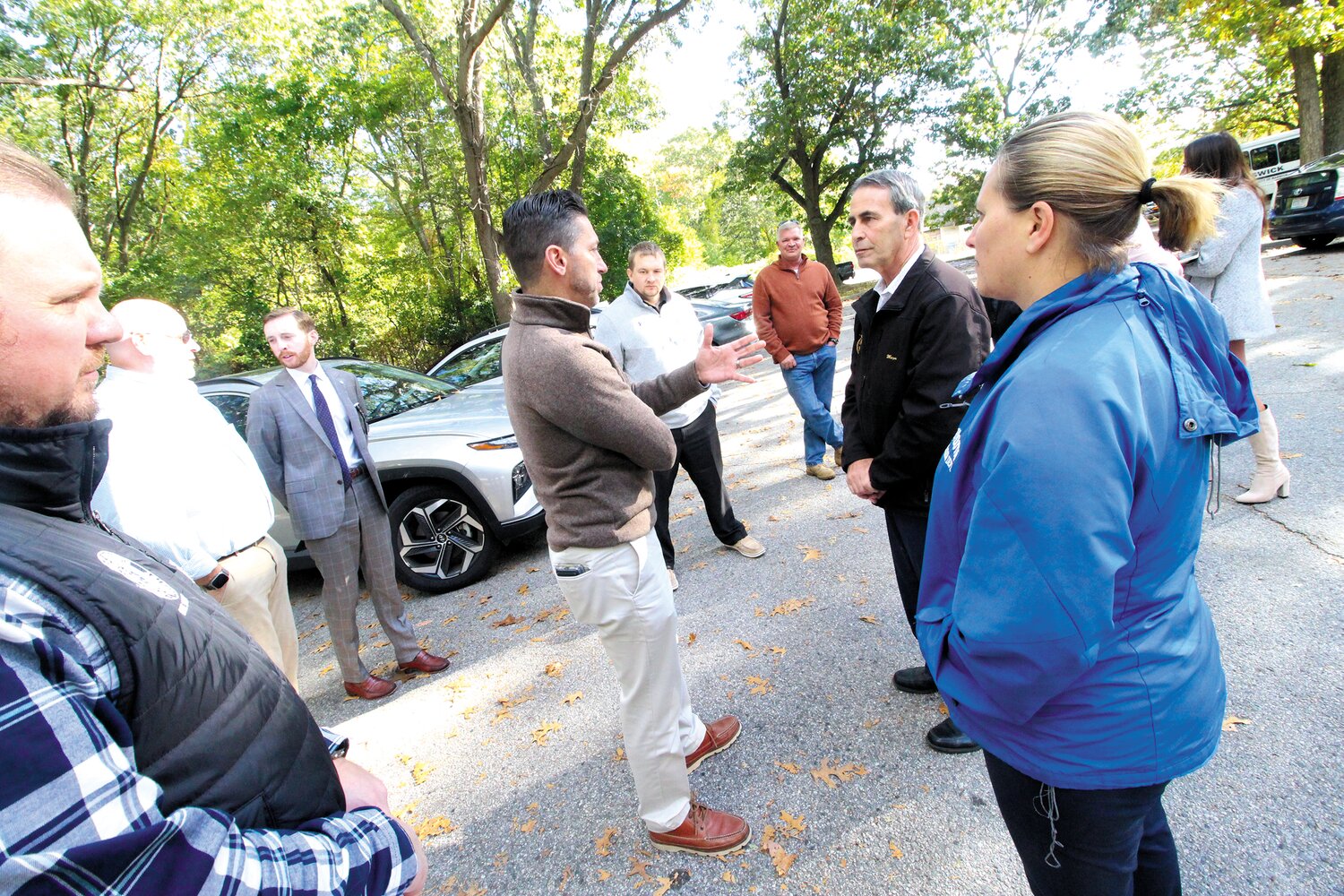 READY FOR A TOUR: Mayor Frank Picozzi talks with Plymouth Town Manager Derek Brindisi before boarding a city van to get a look at City Park. (Warwick Beacon photos)