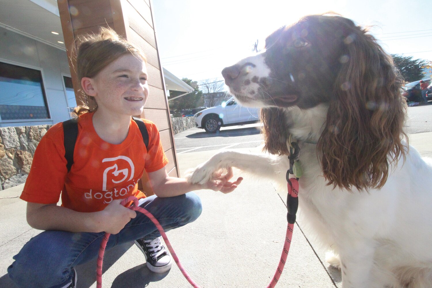 A SHAKE: Maiori Giardino and one of the family’s dogs, Annie, greeted visitors to the adoption day.