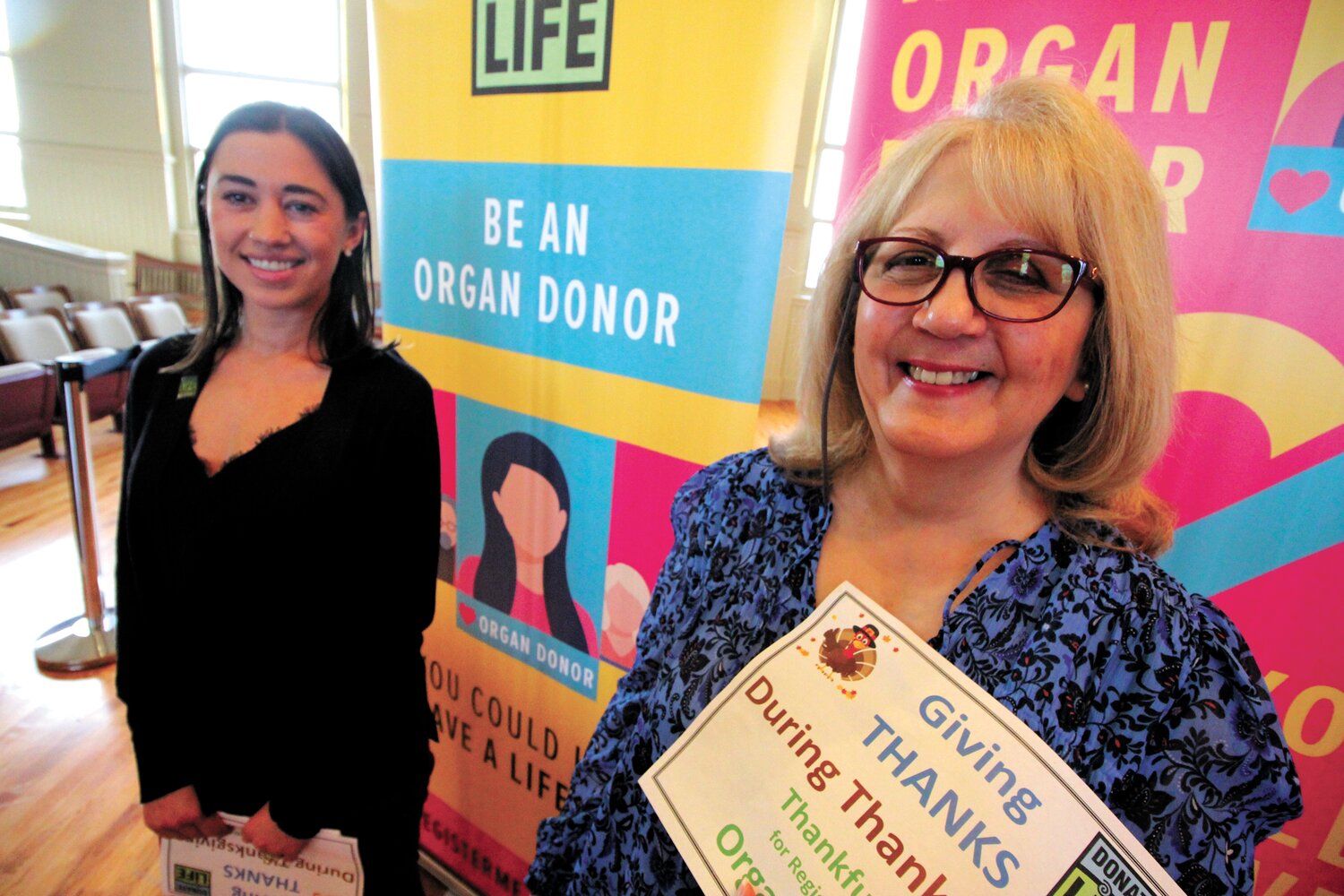 FOREVER THANKFUL: Rachel Drane, left,  and Terry Perrotta, recipients of organ donations tell their stories at a New England Donor Services event directed at getting more people to register as organ donors. (Cranston Herald photos)